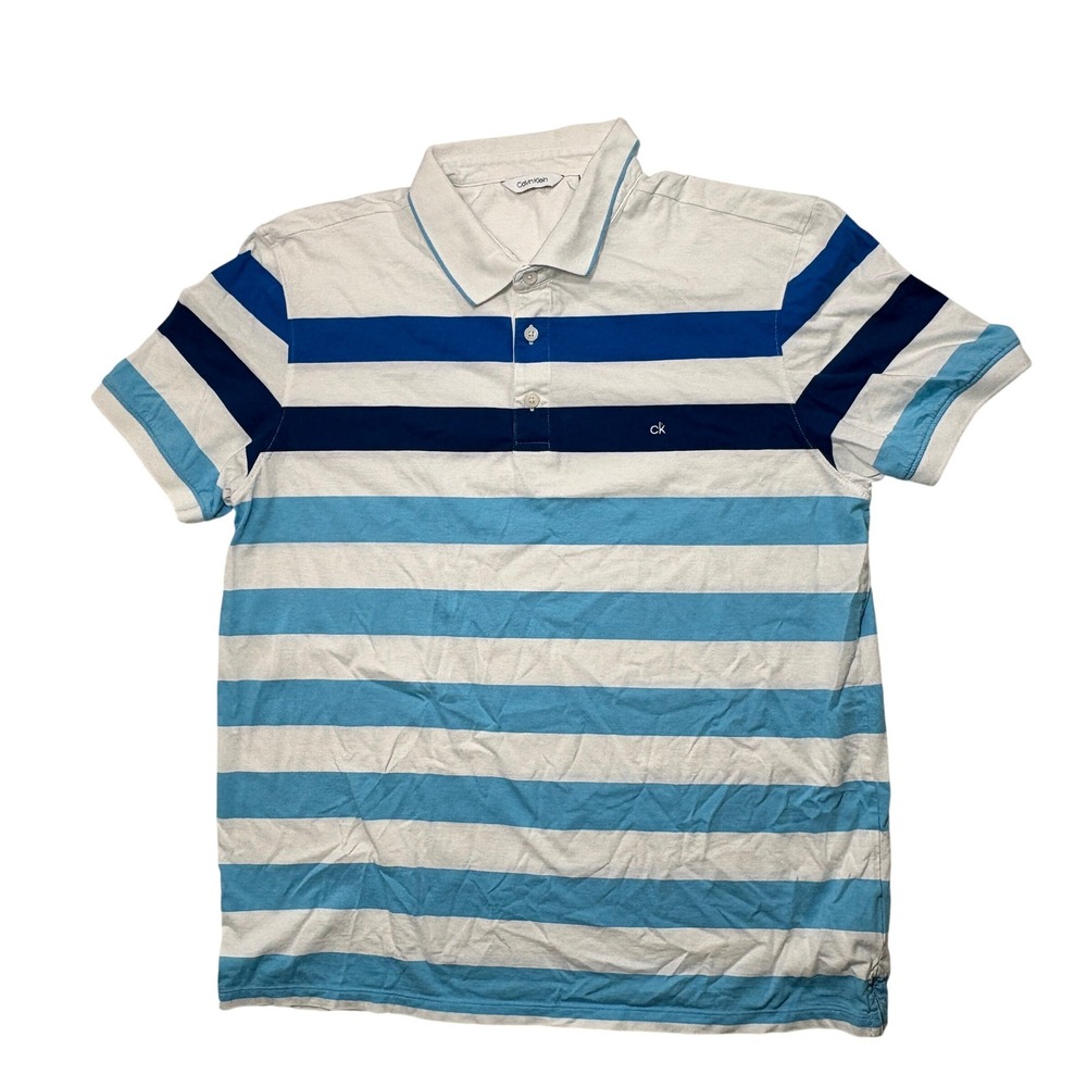 Calvin Klein Polo Shirt Men's Large Blue White Striped Cotton Nautical Preppy